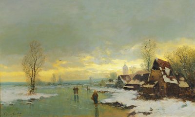 Mensen wandelen op een bevroren rivier door Johann II Jungblut